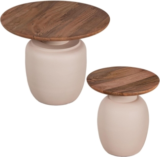 DRW Set mit 2 Beistelltischen aus Holz und Metallsockel in Natur und Beige, 60 x 60 x 47 cm