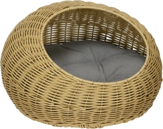 PawHut Tierhaus Haustierbett Katzenhöhle, mit Kissen, für Katzen bis 4 kg, Indoor, PE-Rattan, Ø50x31 cm, hellbraun