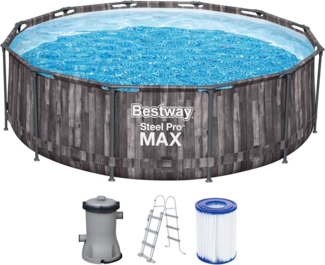 Steel Pro MAX™ Frame Pool-Set mit Filterpumpe Ø 366 x 100 cm, Holz-Optik (Mooreiche), rund