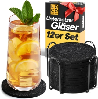 Loco Bird Getränkeuntersetzer 12er Set inkl. Halterung rund aus Filz, Zubehör für Getränke, Tassen, Bar, Glas, Design Glasuntersetzer in dunkelgrau, Tischuntersetzer Filzuntersetzer