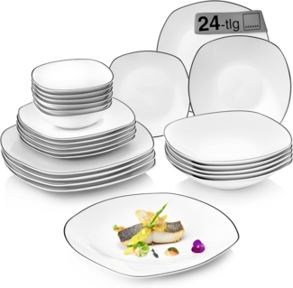 SÄNGER Porzellan Geschirrset Bilgola Black Rim, Tafelservice 24 teilig für 6 Personen