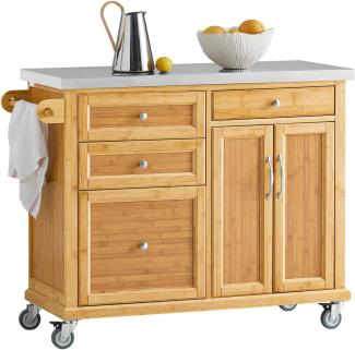 SoBuy FKW70-N Küchenwagen Kücheninsel Küchenschrank aus hochwertigem Bambus mit Edelstahlarbeitsplatte BHT ca. : 115 x 92 x 46 cm