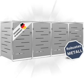 DELUKE® 4er Mülltonnenbox JAGU Edelstahl Grau 115,5x276,5x77,5cm Mülltonnenverkleidung für 4 Tonnen 240L Müllbox aus Metall Mülltonnenschutz Mülltonnendach