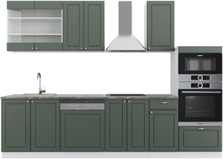 Küchenzeile Fame-Line Grün-Gold Landhaus/Weiß 300 cm mit Hochschrank, ohne Arbeitsplatte Vicco