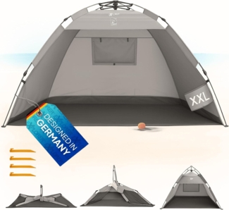 EXPLORER XXL Automatik Strandmuschel mit UV Schutz 80+ [220 x 150 x 130 cm] kleines Packmaß leicht und schnell in Sekunden aufgebautes Strandzelt Sonnenschutz Muschel automatisch Windschutz grau-Sand