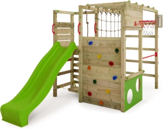 FATMOOSE Klettergerüst Spielturm ActionArena mit apfelgrüner Rutsche, Gartenspielgerät mit Leiter & Spiel-Zubehör