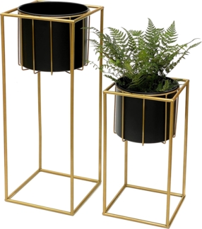 DanDiBo Blumenhocker mit Topf Metall Gold Schwarz Eckig 2er Set Blumenständer 96035 Blumensäule Modern Pflanzenständer Pflanzenhocker