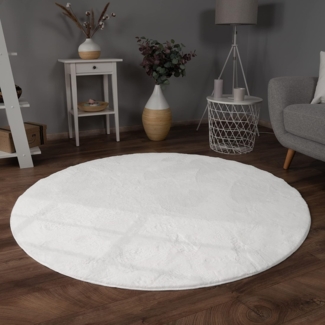 Paco Home Teppich Wohnzimmer Kunstfell weich waschbar modern elegant pflegeleicht Felloptik Uni Seidenglanz flauschig Kurzflor, Grösse:160 cm Rund, Farbe:Weiß
