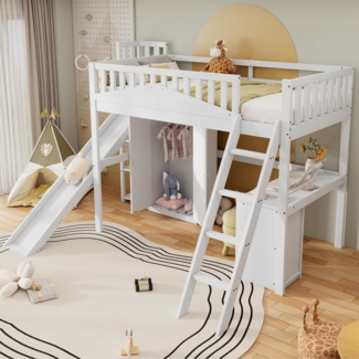 Ball & Cast Hochbett (90x200 cm) Kinderbett mit Treppe und Rutsche, Etagenbett mit Kleiderschrank und Schreibtisch, ohne Matratze, Weiß