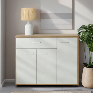 CARO-Möbel Kommode Estelle Sideboard Mehrzweckschrank, Sonoma Eiche/weiß mit 3 Türen und 1 Schublade, 88 cm breit