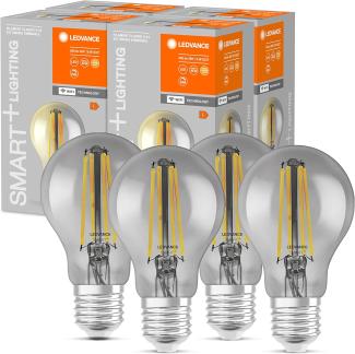 LEDVANCE Smarte LED-Lampe mit Wifi Technologie, E27, Dimmbar, Warmweiß, Birnenform, Klares Filament im Rauchglas, Ersatz für herkömmliche 44W-Birnen, steuerbar mit Alexa, Google & App, 4er-Pack