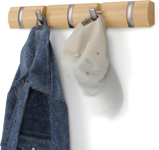 Umbra Flip 5 Garderobenhaken – Moderne, Schlichte und Platzsparende Garderobenleiste mit 5 Beweglichen Haken für Jacken, Mäntel, Schals, Handtaschen und Mehr, Natur