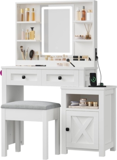 YITAHOME Schminktisch mit Spiegel und Lichtern,Frisiertisch mit verstellbaren LED-Beleuchtung und Steckdosen, Schminktisch mit Hocker und Seitenkommode,für das Schlafzimmer, Weiß