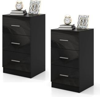 COSTWAY 2er Set Nachttisch mit 3 Schubladen, Hochglanz Nachtschrank, Nachtkommode für Boxspringbett, 37 x 34 x 66,5 cm, Schwarz