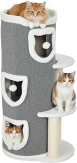 PawHut Kratztonne mit Höhle, Spielball, Plüschrand, Sisal-Kratzbäumen, oberem Bett, (mehrstöckig Kratzbaum, 1-tlg, 101 cm hoch Katzentonne), für Katze bis 6 kg, Grau