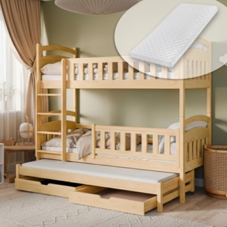 Kids Collective Etagenbett Hochbett Kinderbett 90x200 cm mit Lattenrost und Rausfallschutz, mit Ausziehbett, zwei Schubladen und drei Matratzen, natur