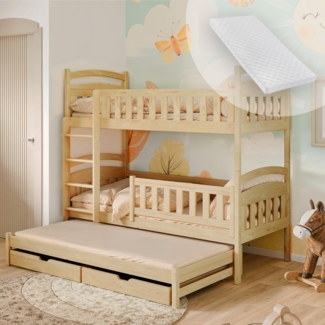 Kids Collective Etagenbett Hochbett Kinderbett 90x200 cm mit Lattenrost und Rausfallschutz, mit Ausziehbett, zwei Schubladen und drei Matratzen, natur