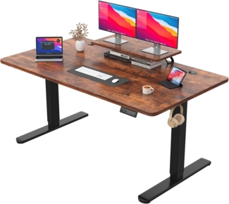 JUMMICO Höhenverstellbarer Schreibtisch mit Monitorständer, Elektrisch Schreibtisch Steh-Sitz, Standing Desk,160x70 cm, Braun