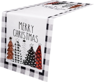 Toptime Tischläufer Weihnachten, 183x33 cm Schwarz Weiß Karierter Weihnachtstischläufer, Abwaschbarer Tischläufer mit Weihnachtsbaum Merry Christmas Muster, Weihnachten Tischdeko für Küche, Esszimmer