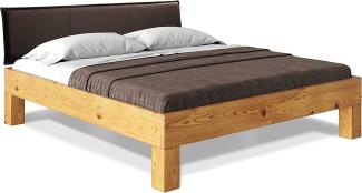 Möbel-Eins CURBY 4-Fuß-Bett mit Polster-Kopfteil, Material Massivholz, rustikale Altholzoptik, Fichte natur 140 x 200 cm Standardhöhe Kunstleder Braun ohne Steppung