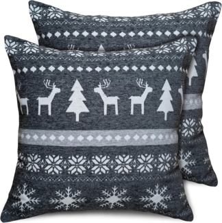 matches21 HOME & HOBBY Kissenbezüge 2er Set Kissenhüllen 45x45 cm Elche & Muster grau als Weihnachts-Deko, (2 Stück), Zierkissen-Bezüge für Sofa-Kissen, Couch-Kissen