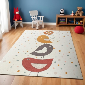 Livabliss Vögel Kinderteppich - Cartoon Teppich 160x213 cm, Tier Teppich Kinderzimmer oder Babyzimmer, Krabbelteppich oder Spielteppich - Baby Teppich für Jungen & Mädchen, Elfenbein und Vielfarbig