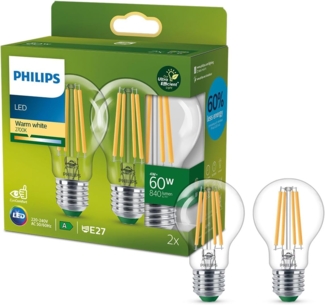 Philips Classic ultraeffiziente E27 LED Lampe, 60W, klar, warmweiß, Doppelpack