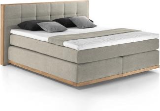 Mivano Levana Boxspringbett mit Sockel aus Eiche, 7-Zonen-Federkern, Matratzen H4 + Topper Premium, Chenille, Beige, Liegefläche 180 x 200 cm