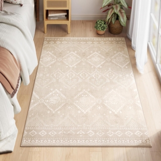 Songmics HOME Teppich, 120x170 cm, Wohnzimmerteppich, Rutschfester Teppich, Kurzflor, flauschig, Dekoration, für Wohnzimmer, Schlafzimmer, maschinenwaschbar, Boho-Stil, Cappuccinobeige