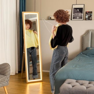 HOMCOM Standspiegel Ganzkörperspiegel 40 x 160 cm mit LED-Lichte, 3 Lichtfarben (Bodenspiegel, 1-St, Wandspiegel mit Touch-Steuerung), für Schlafzimmer, Wohnzimmer, Eiche