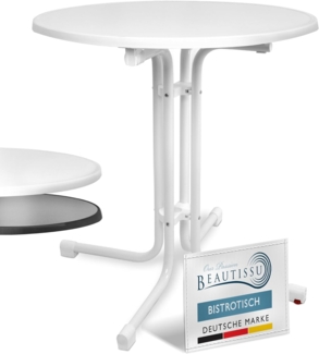 Beautissu Bistrotisch Outdoor Rund Ø 80 cm Wasserfest – Beistelltisch Balkontisch Wetterfest Gartentisch Rund Klappbar 70 cm hoch – Campingtisch Partytisch Esstisch Gastro – Weiß Bistroni