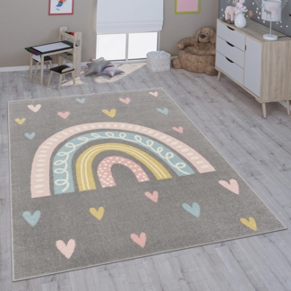 Paco Home Kinderteppich Nino 887, rechteckig, Höhe: 13 mm, Kurzflor, Spielteppich, Motiv Regenbogen & Herzen, Kinderzimmer