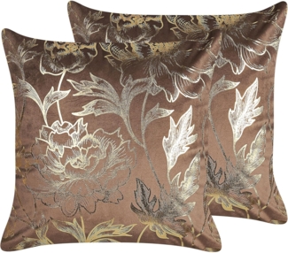 Kissen 2er Set Blumenmuster DAFFODIL Samtstoff 45 x 45 cm Braun