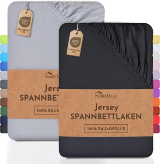 NatureMark 2er Pack Jersey Spannbettlaken, Spannbetttuch 100% Baumwolle in vielen Größen und Farben MARKENQUALITÄT ÖKOTEX Standard 100 | 140x200 cm - 160x200 cm -Schwarz/Silber