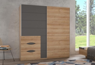 FORTE INVERELL Schrank 200, Kleiderschrank, Schwebetürenschrank Industrial Schlafzimmer 2-türig mit 3 Schubladen, Holzdekor: Riviera Eiche/Uni Wolfram Grau, 200 cm breit x 210 cm hoch x 61 cm tief