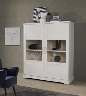 Forte ROCKHAMPTON Vitrine mit 2 Türen im Landhausstil, Standvitrine, Vitrinenschrank, Wohnzimmervitrine, Holzwerkstoff, Pinie Weiß Holzdekor, 133,2 cm breit x 151,8 cm hoch x 42 cm tief
