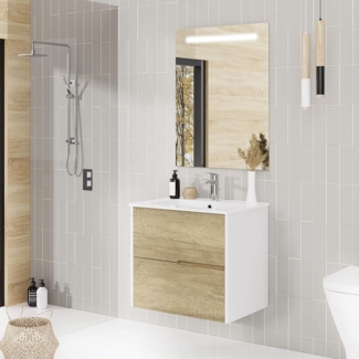 Baikal Gavin Badezimmerschrank, 2 Schubladen, Wandmontage, inkl. Waschbecken aus Keramik, Verschiedene Ausführungen, Lieferung fertig montiert, mit Spiegel 60 cm Nature