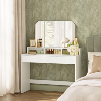 Vasagle Schminktisch, Frisiertisch mit Klappspiegel und 2 Schubladen, Kosmetiktisch mit 3 offenen Fächern, Frisierkommode, für Make-up, modern, weiß