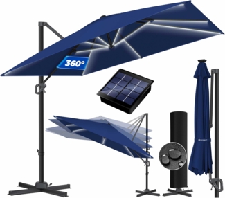 KESSER® Sonnenschirm Ampelschirm SUN XL 300 x 300 cm Inkl. Abdeckung +Windsicherung Drehbar Neigbar Kippbar Marktschirm Groß 360° Rotation, Gartenschirm mit Kurbel Sonnenschutz UV50+ Navyblau, Mit LED