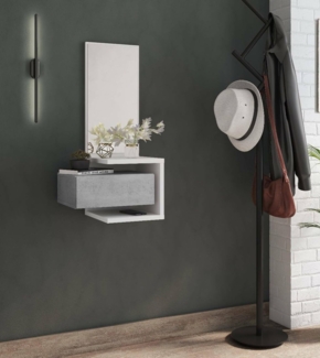 Dmora - Eingangsmöbel mit Spiegel, Flureingang mit Schublade und Regal, Taschenleerer für kleine Wohnungen, 43x32h90 cm, Farbe Weiß und Beton