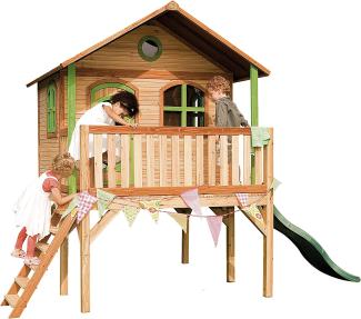 Axi Holz Kinderspielhaus Sophie inkl. großer Veranda & Rutsche | Natur | 180x180x274 cm