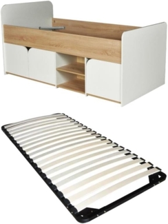 Vente-unique - Bett 90 x 190 cm mit Stauraum - Farbe: Natur und weiß + Lattenrost - LOSTYA