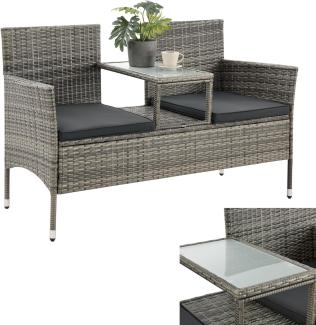 Juskys Polyrattan Gartenbank Monaco - 2-Sitzer Bank mit Tisch & Kissen - 133 × 63 × 84 cm - Rattan Sitzbank wetterfest Garten Balkon – grau-meliert