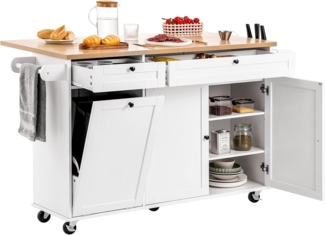 VEVOR Kücheninselwagen 153 cm breiter mobiler Küchenwagen mit Rädern & Klappplatte & 2 Schubladen & Mülleimerschrank & Messerhalter & Gewürzregal & Handtuchhalter, Tisch für Esszimmer, Speisekammer