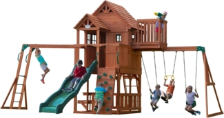 Backyard Discovery Spielturm Skyfort II aus Holz XXL Spielhaus für Kinder mit Rutsche, Schaukel, Trapezstange, Kletterwand und Aussichtsturm | Braun | Holz | 670 cm