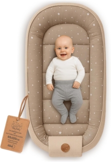 Babynest Neugeborene Nestchen Baby 65x120 cm - Kokon Handmade zweiseitig aus Baumwolle Waffel mit Babynestchen Beige mit Weiß Sternen