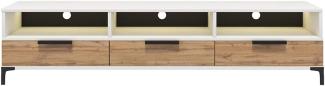 Selsey RIKKE - TV-Lowboard/TV-Tisch mit 3 offenen und 3 geschlossenen Fächern, 160 cm breit (Weiß Matt/Wotan Eiche mit LED)