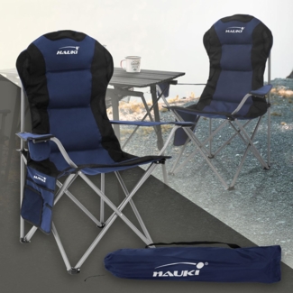 Hauki Campingstuhl Faltstühl faltbar mit Getränkehalter & Tragetasche bis 150kg (1 St), Klappstuhl 56x95x110 cm Blau Angelstuhl mit Hochlehner Gepolster