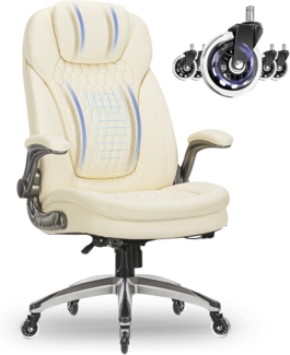 COLAMY Hochlehner Chefsessel aus Leder, Ergonomischer Bürostuhl mit Flip-up-Armlehnen & höhenverstellbar - Office Chair mit leisen Rollen für Homeoffice und Büro, Elfenbein