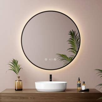 Emke LED Badspiegel mit Uhr, Temperatur & Memory-Funktion, dimmbar, Metall, Schwarz, Ø 60 cm